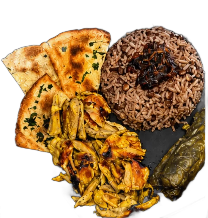 Almuerzo con arroz con lentejas, pollo, pan al ajillo y tabaquito